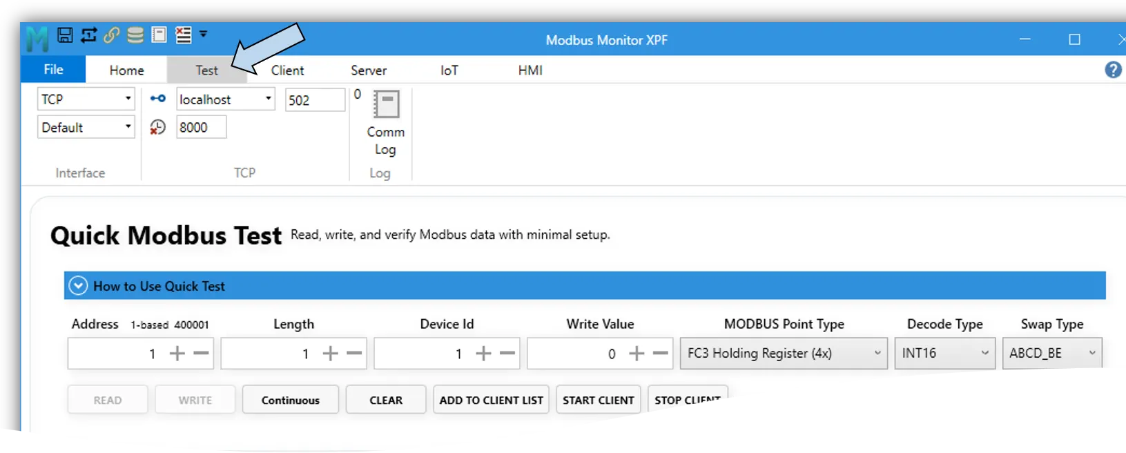 Where to open Modbus Test