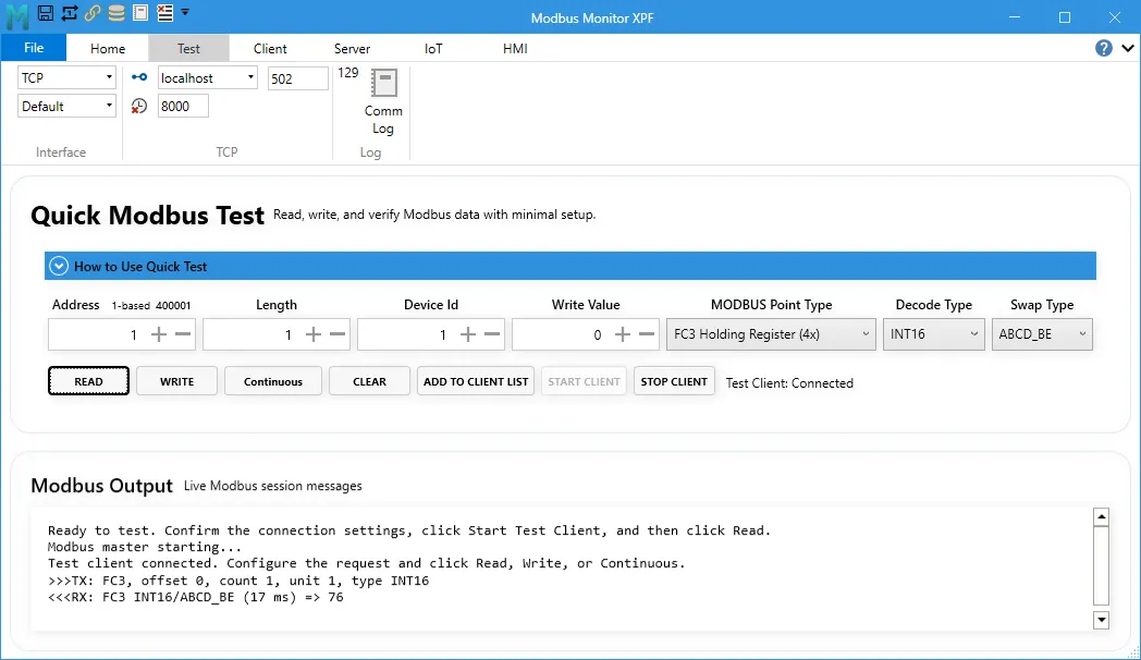 Quick Modbus Test workspace